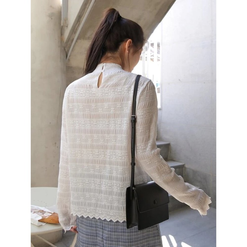 Mock Neck Lace Long Sleeve Top